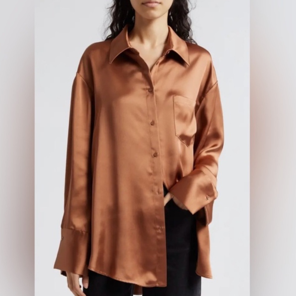 ALICE AND OLIVIA Finely Oversize Satin Button-up Shirt In Brown Size S